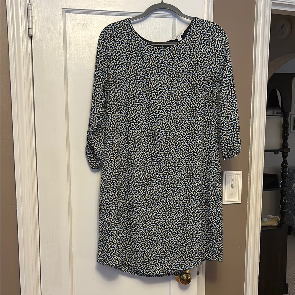 Charming Charlie Blue and Gold 3/4 Sleeve Crew Neck Dress